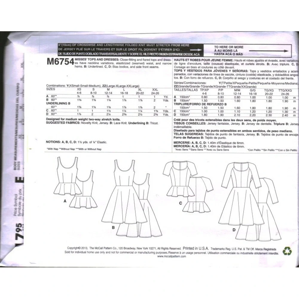 McCall's M6754 Sewing Pattern Misses Peplum Tops and Flared Dresses Size XS S M